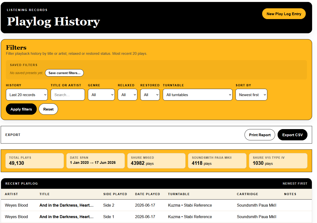 VRT Playlog history showing a complete history of plays with filters and sort controls
