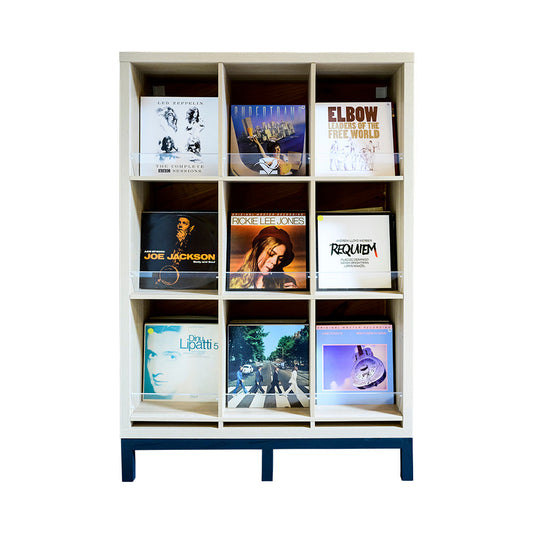Vinyl records stored in polypropylene sleeves on a shelf