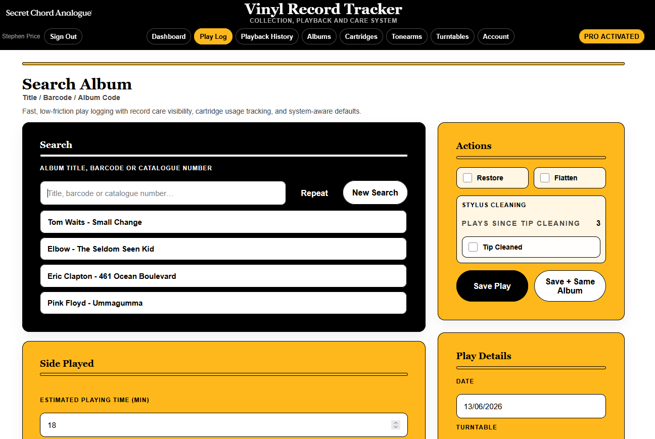 VRT Album search screen showing last 4 plays and plays since last stylus clean
