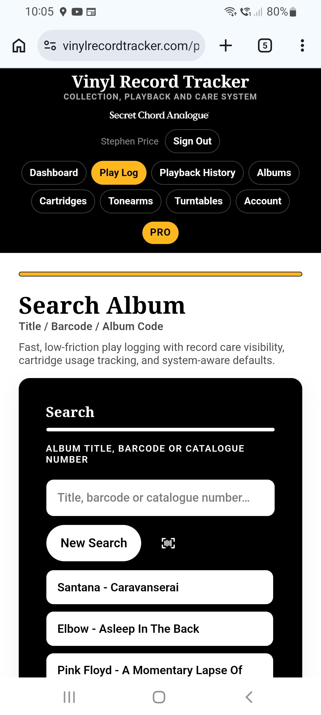 VRT album Discogs search on mobile phone showing barcode reader icon