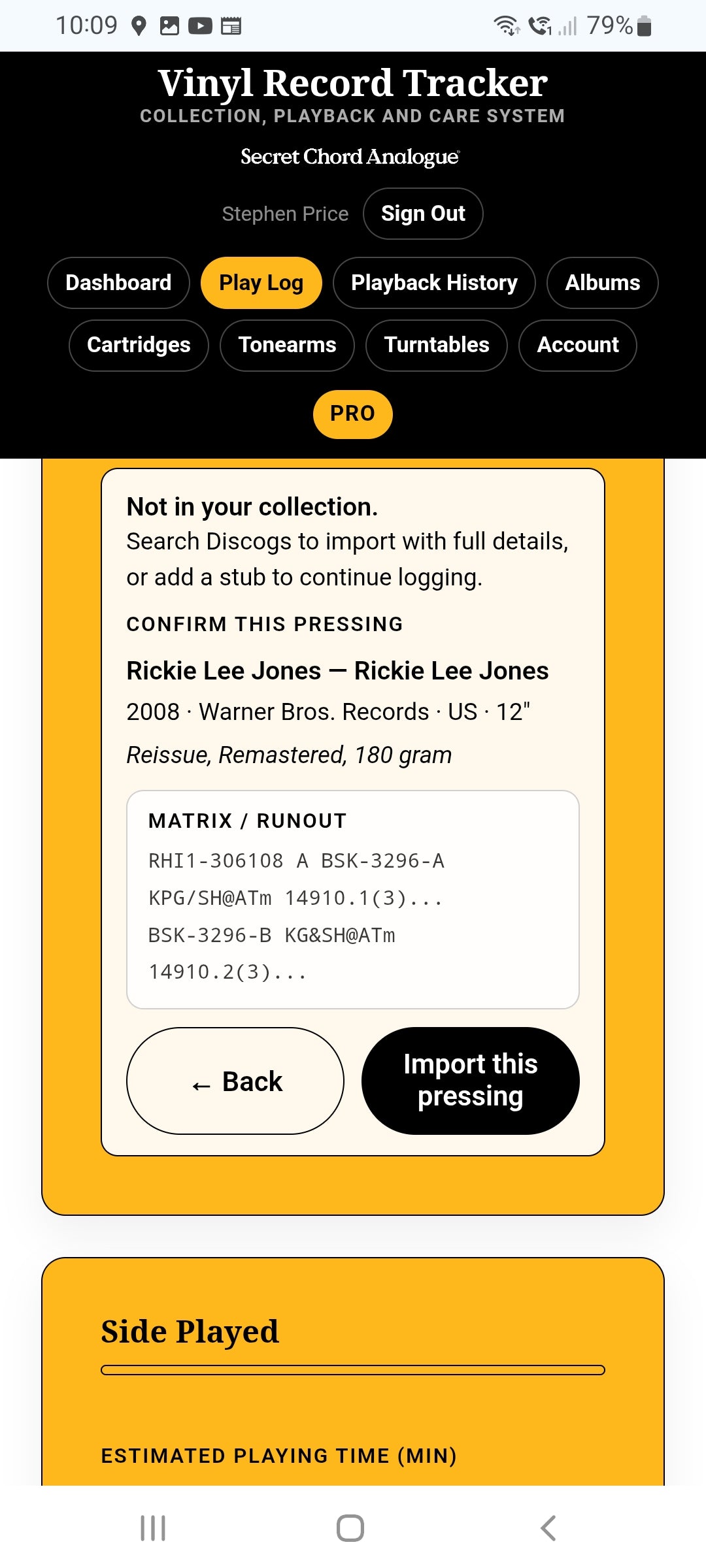 VRT Discogs album lookup detail data return prior to saving