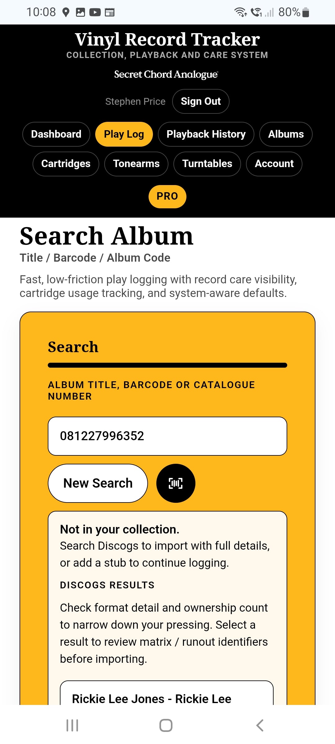 VRT Album search showing Discogs match